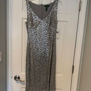 Ralph Lauren Silver Sequin Sleeveless Midi Dress